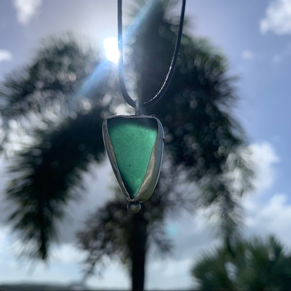 *SOLD* Handmade silver soldered necklace rare teal blue Sea glass Puerto Rico - Picture 5 of 6
